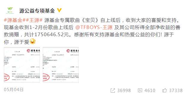 王源捐出歌曲《宝贝》收益175万 回报社会做公益
