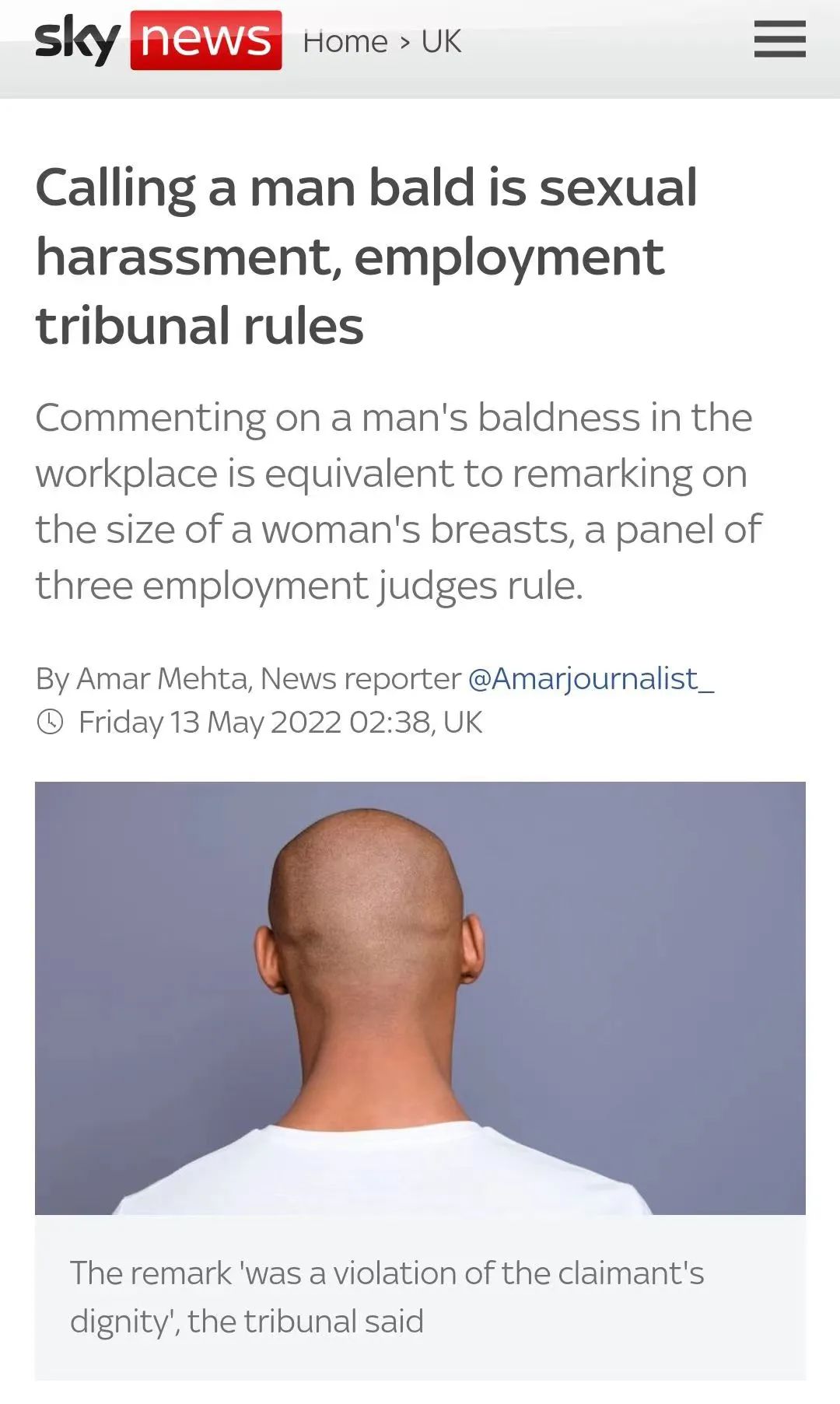英法官裁定称男性“秃头”是性骚扰