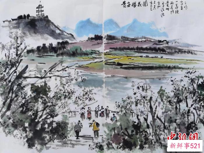 图为台湾知名画家李沃源画的贵安樱花园。　周燕玲 摄