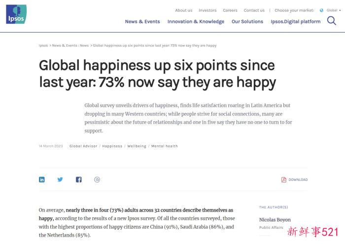 国际知名民调机构：中国人幸福感全球最高
