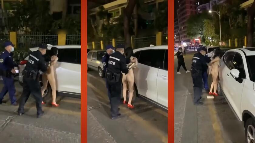 美女喝高了洒酒疯耍的点大当街脱光光摆pose还跟jc动手动脚